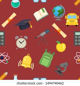 Vector Seamless Pattern of School Color Icons on Red Background