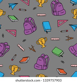 Vector seamless pattern with school elements isolated on white. Back to school background design for kids.