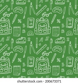 Vector seamless pattern with school elements: backpack, ruler, book, sheet of paper, glasses, sneaker, pen, pencil, numbers, letters, compasses, protractor, brush,paints. Set of hand drawing objects.