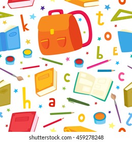 Vector seamless pattern with school elements isolated on white. Back to school background: backpack, books, pencils, pens, paint brush and stars.