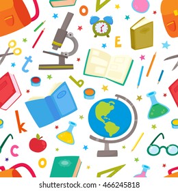 Vector seamless pattern with school elements isolated on white. Back to school background: backpack, books, pencils, pens, paint brush, glasses, microscope, globe, tubes, letters and stars.