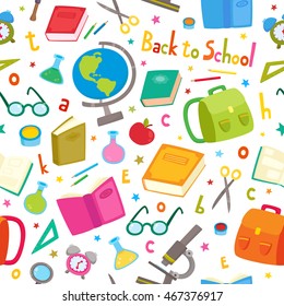 Vector seamless pattern with school elements isolated on white. Back to school background: backpack, books, pencils, pens, paint brush, glasses, microscope, globe, tubes, letters and stars.