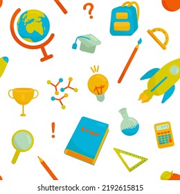 Vector Seamless Pattern With School Equipment. Perfect for Wrapping Paper, Textile, Packing, Wallpaper, etc.