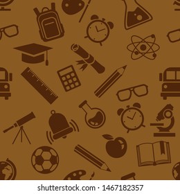 Vector Seamless Pattern of School Icons on Brown Background