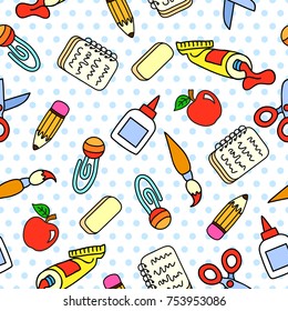Vector seamless pattern with school stationary on polka dot background