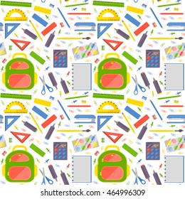 Vector seamless pattern with school stationery items in flat style