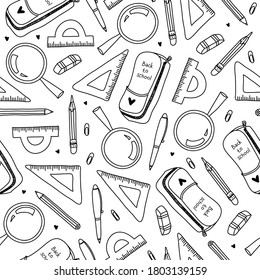 Vector seamless pattern with school stuff isolated on the white background. Hand-drawn vector illustration. Eraser, rulers,  magnifier, pencil case, pen, pencils, paper clips. Back to school concept. 