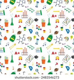 vector seamless pattern with school subjects on a white background