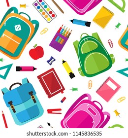 Vector seamless pattern of school supplies, schoolbags and stationery icons on dark background