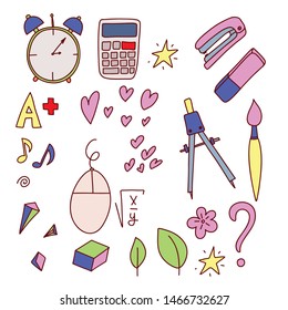 Vector seamless pattern of school supplies. Back to school colorful sketchy elements. Can be used for fabric, wallpaper, pattern fills, textile, web page background.