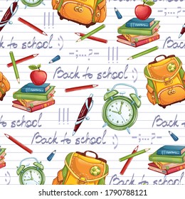Vector seamless pattern with school supplies on a notebook leaf in a line. Handwritten inscription (not font).