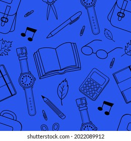 Vector seamless pattern with school supplies. A template with school attributes. School supplies. Vector illustration.