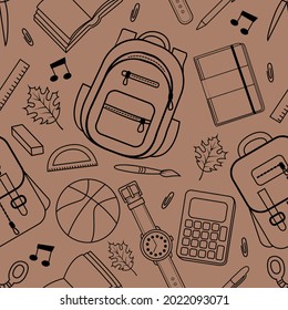 Vector seamless pattern with school supplies. A template with school attributes. School supplies. Vector illustration.