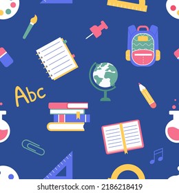 Vector seamless pattern of school supplies on dark background. Back to school colorful flat elements.