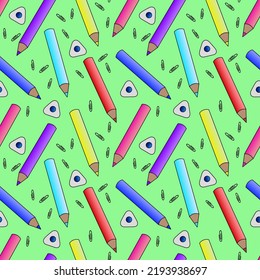 Vector seamless pattern with school supplies, pencils and erasers. A template with school attributes. Vector illustration.Ideal for children's posters, packaging, textiles, web design, postcards.