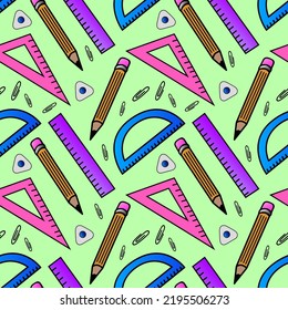 Vector seamless pattern with school supplies, rulers, eraser, pencils. A template with school attributes. Vector illustration.Ideal for children's posters, packaging, textiles, web design, postcards.