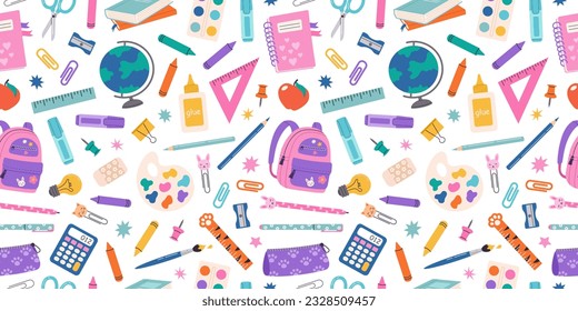 Patrón de vectores sin fisuras de los suministros escolares en estilo dibujado a mano. De vuelta a la escuela. Mochila, globo, lápiz, cuaderno, papel y libros.