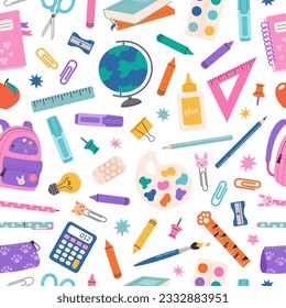 Vector seamless pattern from school supplies in hand drawn style. Back to school. Backpack, globe, pencil, notebook, stationery and books.