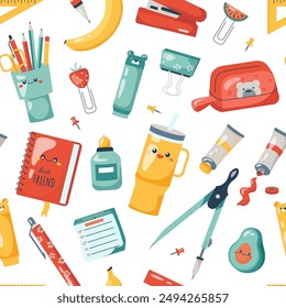 Vector seamless pattern with school supplies elements on transparent background. Children's design for baby prints, covers, wallpapers, wrapping paper, scrapbooking. Kawaii style