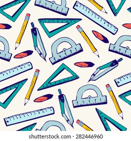 Vector seamless pattern School supplies for geometry classes. Bright objects on light background.
