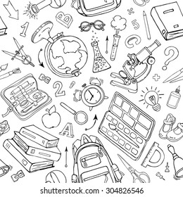 Vector seamless pattern of school supplies in notebook. Black and white back to school sketchy elements