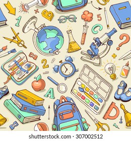 Vector seamless pattern of school supplies in notebook. Back to school colorful sketchy elements. Can be used for fabric, wallpaper, pattern fills, textile, web page background.