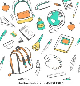 Vector seamless pattern with school supplies and accessories on white. Back to school background. Freehand doodle elements in blue, yellow and orange colors.