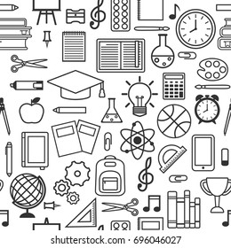 Vector seamless pattern of school supplies, education symbols and stationery silhouettes