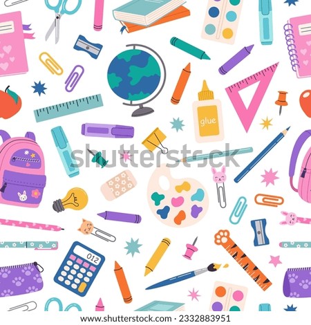 Vector seamless pattern from school supplies in hand drawn style. Back to school. Backpack, globe, pencil, notebook, stationery and books.