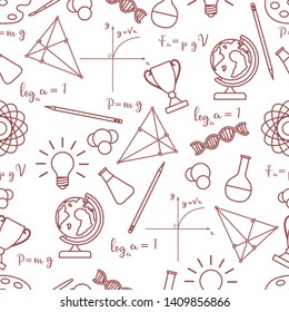 Vector seamless pattern with scientific, education elements: globe, formulas, flasks, molecules, atom, DNA, function graph, pencil, triangle. Design for websites, poster, apps, print.