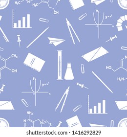 Vector seamless pattern with scientific, education elements: flasks, molecule structure, function graph, pencil, pen, clip, compasses. Design for websites, poster, apps, print.