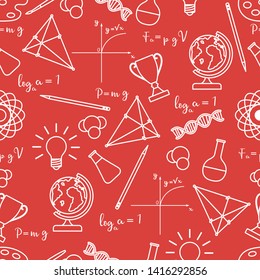 Vector seamless pattern with scientific, education elements: globe, formulas, flasks, molecules, atom, DNA, function graph, pencil, triangle. Design for websites, poster, apps, print.