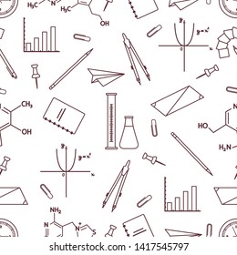 Vector seamless pattern with scientific, education elements: flasks, molecule structure, function graph, pencil, pen, clip, compasses. Design for websites, poster, apps, print.