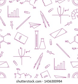 Vector seamless pattern with scientific, education elements: flasks, molecule structure, function graph, pencil, pen, clip, compasses. Design for websites, poster, apps, print.