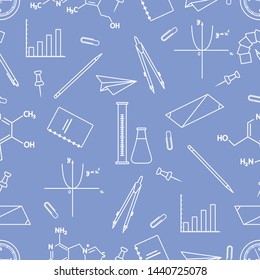 Vector seamless pattern with scientific, education elements: flasks, molecule structure, function graph, pencil, pen, clip, compasses. Design for websites, poster, apps, print.