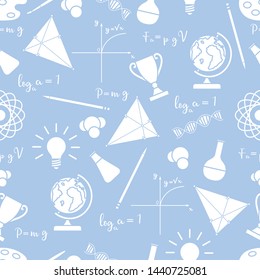 Vector seamless pattern with scientific, education elements: globe, formulas, flasks, molecules, atom, DNA, function graph, pencil, triangle. Design for websites, poster, apps, print.