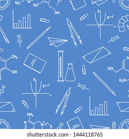 Vector seamless pattern with scientific, education elements: flasks, molecule structure, function graph, pencil, pen, clip, compasses. Design for websites, poster, apps, print.