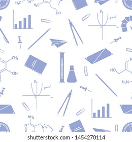 Vector seamless pattern with scientific, education elements: flasks, molecule structure, function graph, pencil, pen, clip, compasses. Design for websites, poster, apps, print.