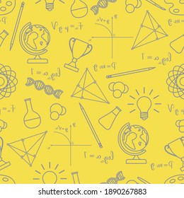 Vector seamless pattern with scientific, education elements: globe, formulas, flasks, molecules, atom, DNA, function graph, pencil, triangle. Illuminating and Ultimate Gray.