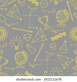 Vector seamless pattern with scientific, education elements: globe, formulas, flasks, molecules, atom, DNA, function graph, pencil, triangle. Design for Illuminating and Ultimate Gray.