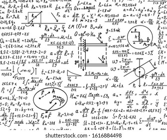 Vector seamless pattern with scientific mathematical formulas, equations and plots