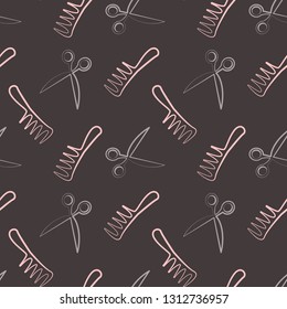 Vector seamless pattern with scissors and combs on black background. Sewing background and cloth design. 