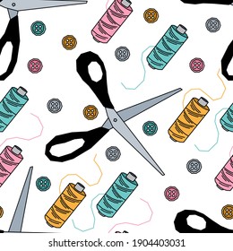 Vector seamless pattern with scissors, threads and buttons 