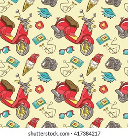 Vector seamless pattern: scooter, camera, player, sunglasses, ice cream, apple and sea shell.