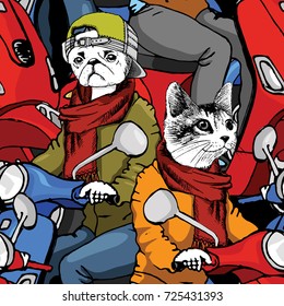 Vector seamless pattern with scooter, cat and dog. Hand drawn illustration of dressed cat and pug. 