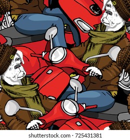 Vector seamless pattern with scooter and dog. Hand drawn illustration of dressed dog. 