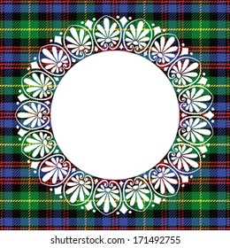 vector seamless pattern Scottish tartan Black Watch with white lace round frame