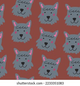 Vector seamless pattern with Scottish terrier dog faces on brown background