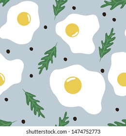 Vector seamless pattern of scrambled eggs, arugula and pepper on light blue background