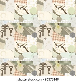 vector seamless pattern with  scrapbook design elements: vintage key, torn pieces of paper, splashes of coffee, napkins